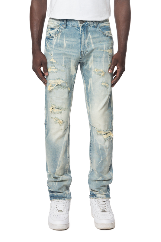 SMOKE RISE Slim Rip And Repair Vertical Lightning Effect Jeans