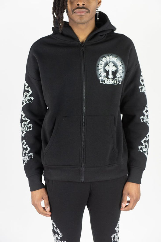 REBEL MINDS Cross FZ Rhinestone Zip-up Hoodie