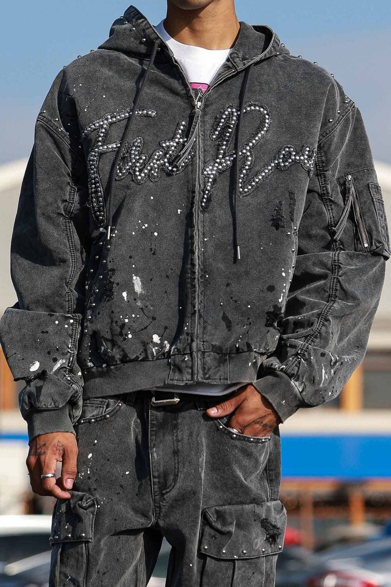 FIRST ROW Stud Cropped Hood Jacket