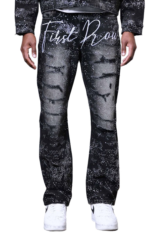 FIRST ROW Allover Rhine Stone Black Ripped Pants