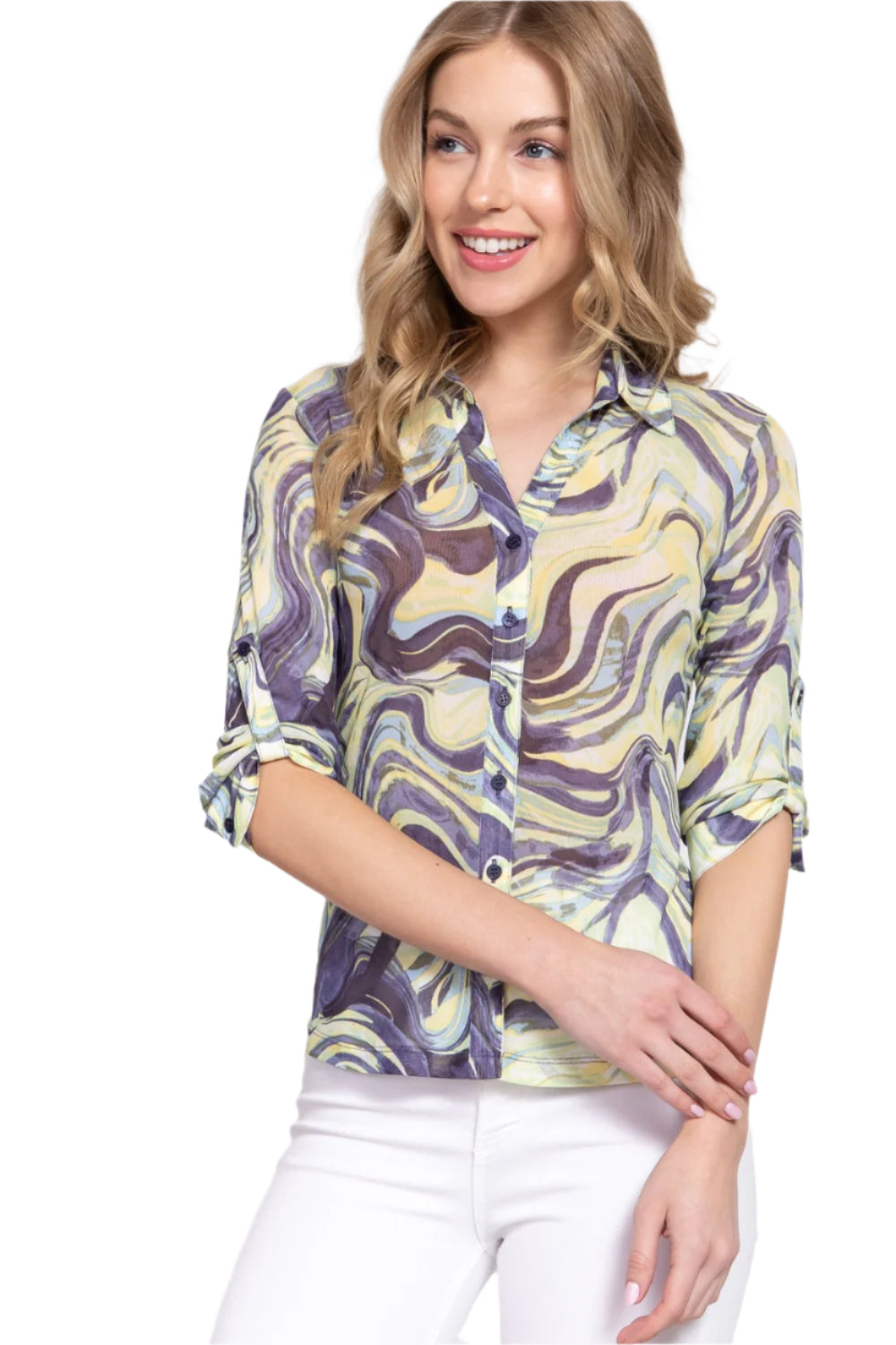 Roll Up Short Sleeve Notched Collar Open Neck Printed Mesh Shirt