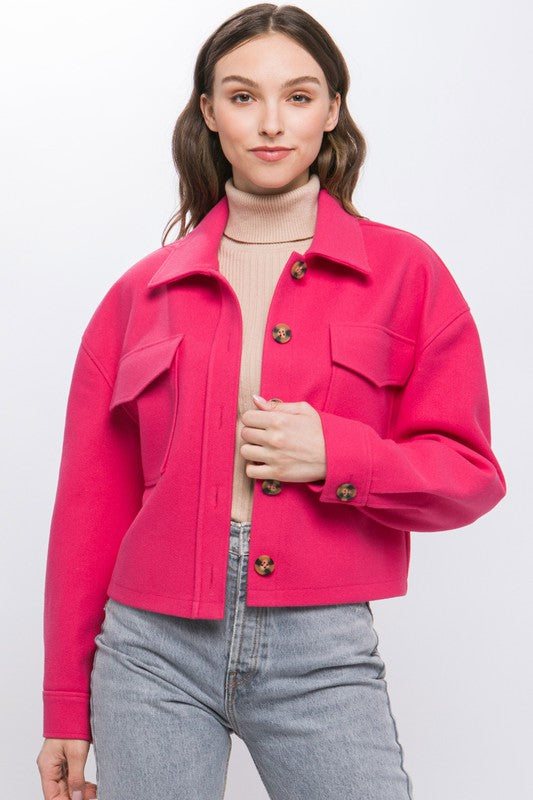 Cropped Button Down Jacket With Draped Back Detail