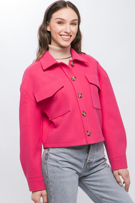 Cropped Button Down Jacket With Draped Back Detail
