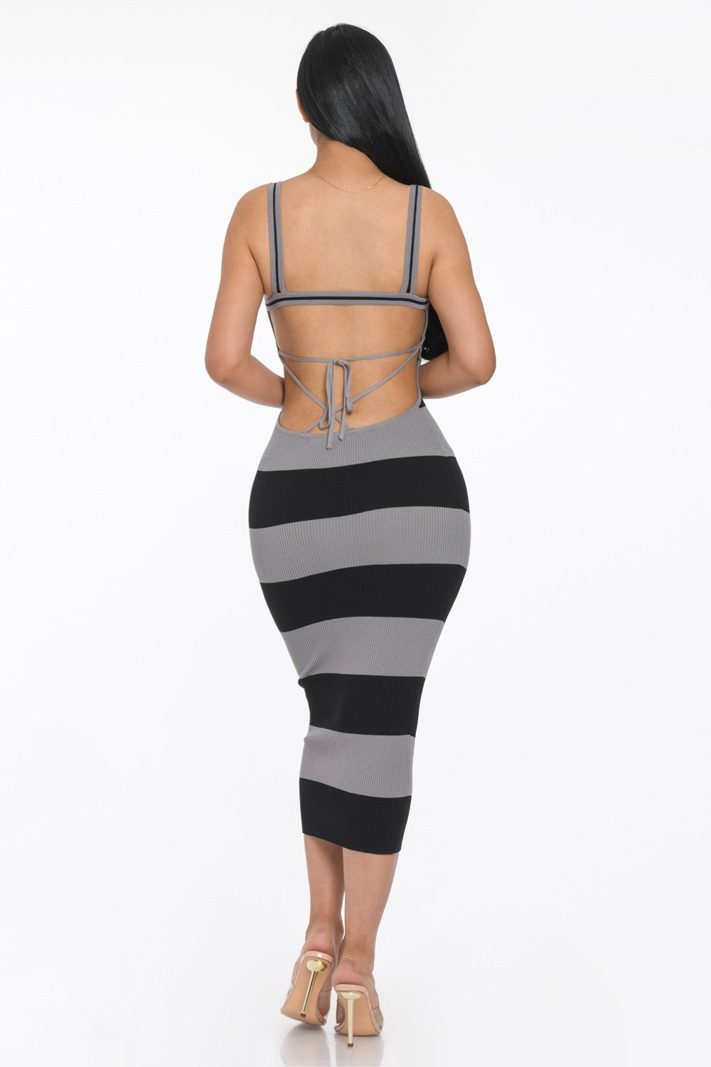Striped Sleeveless Rib-Knit Midi Dress