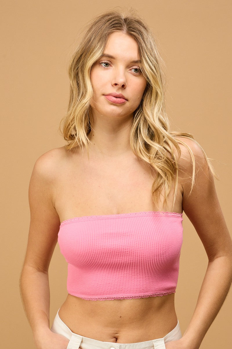 Ribbed Lace Trim Detail Strapless Tube Top