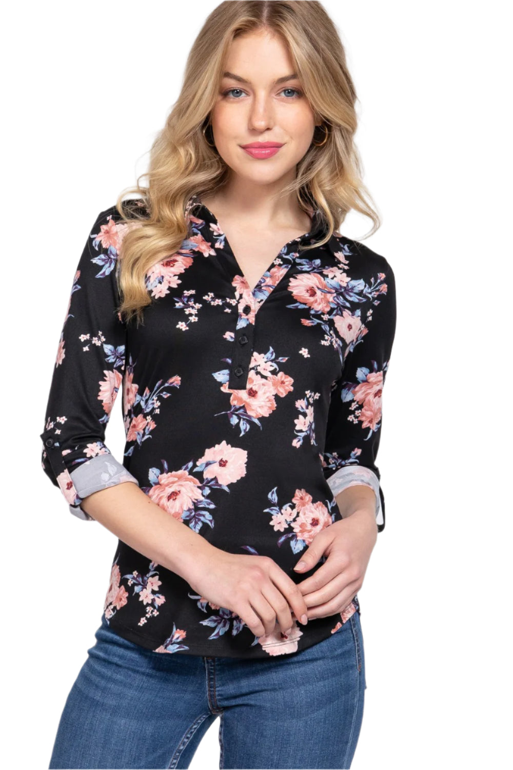 3/4 Roll Up Sleeve Notched Collar With Button Placket Floral Printed Knit Top