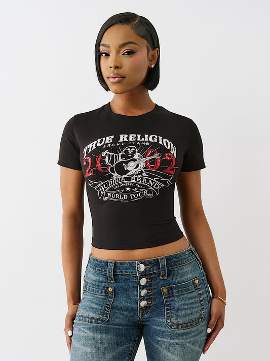 TRUE RELIGION Crystal OG World Tour Buddha Baby Tee
