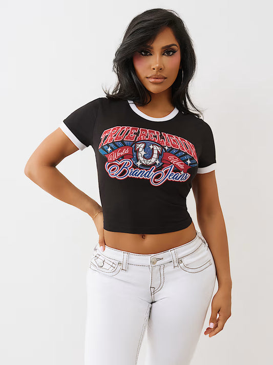 TRUE RELIGION Crystal Logo Ringer Baby Tee