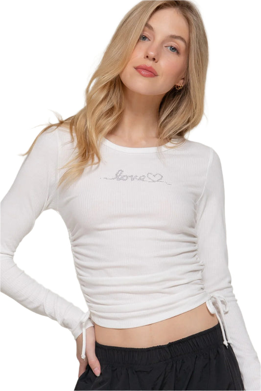 Long Sleeve Side Ruched Rhinestone Detail Ribbed Top