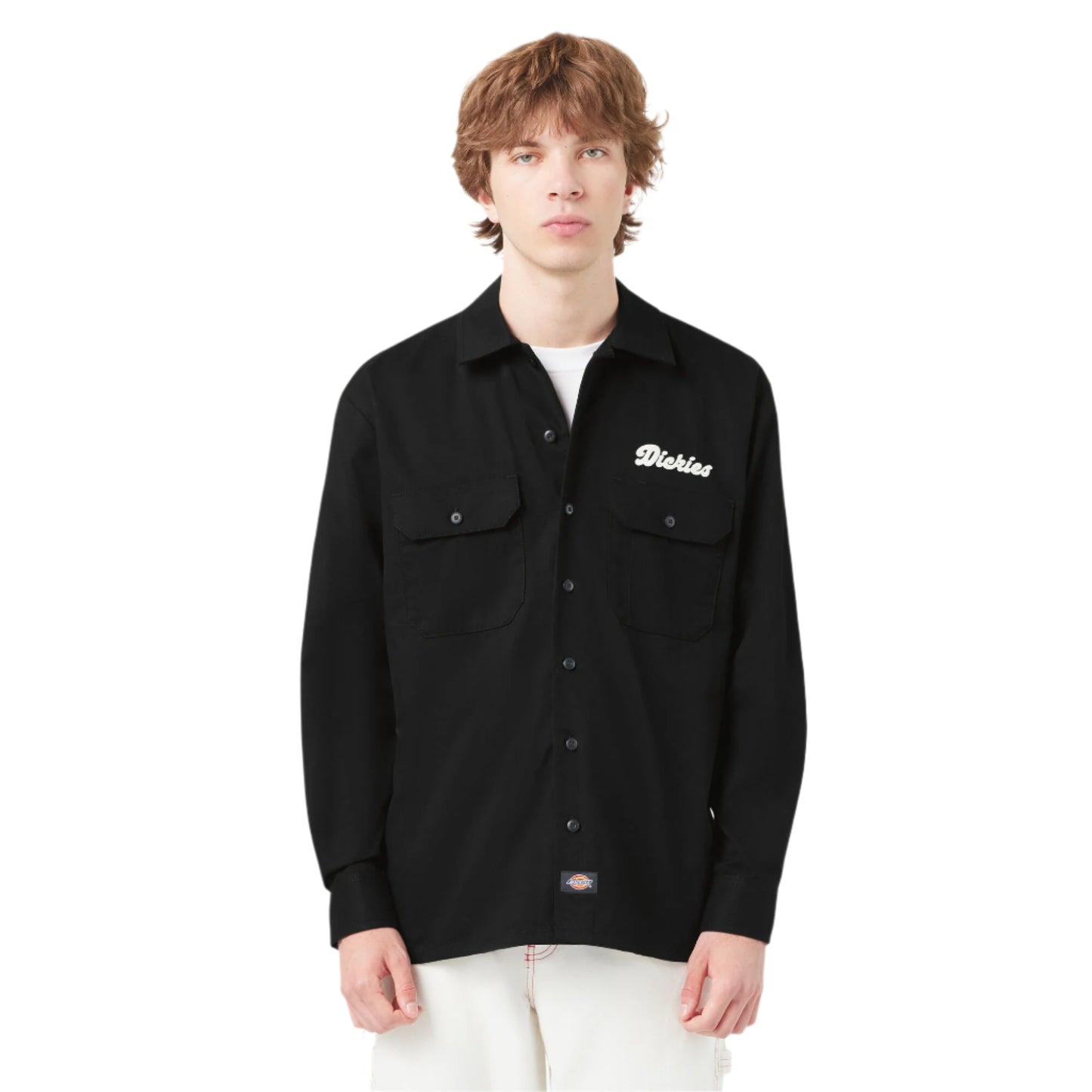 Person wearing a black shirt with a brand logo on a white background
