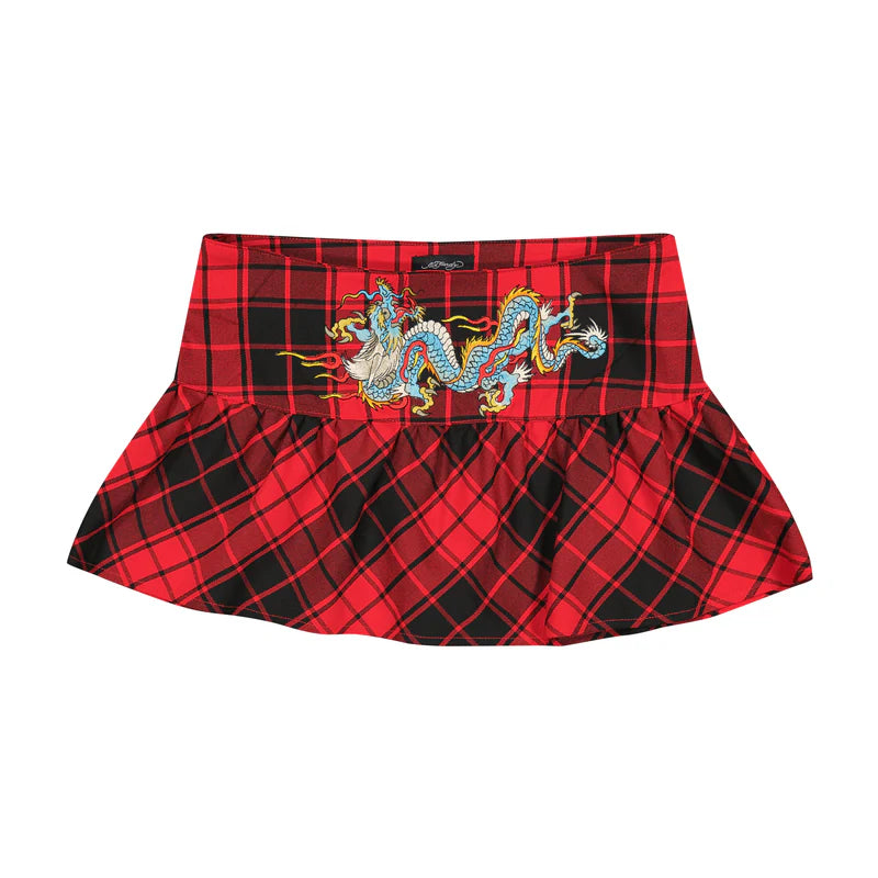 ED HARDY Dragon Plaid Flare Miniskirt