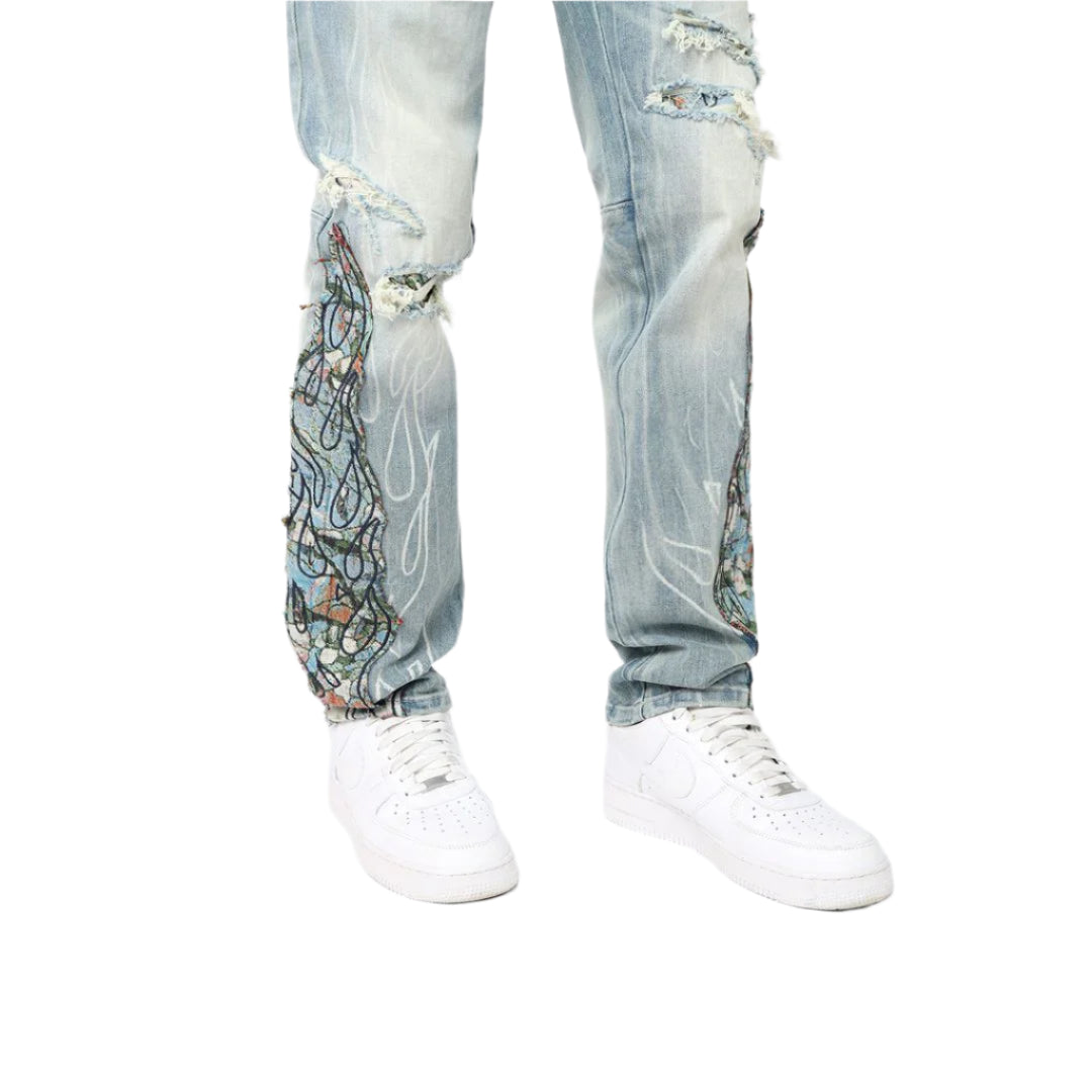SMOKE RISE Long Slim Flame Tapestry Jeans