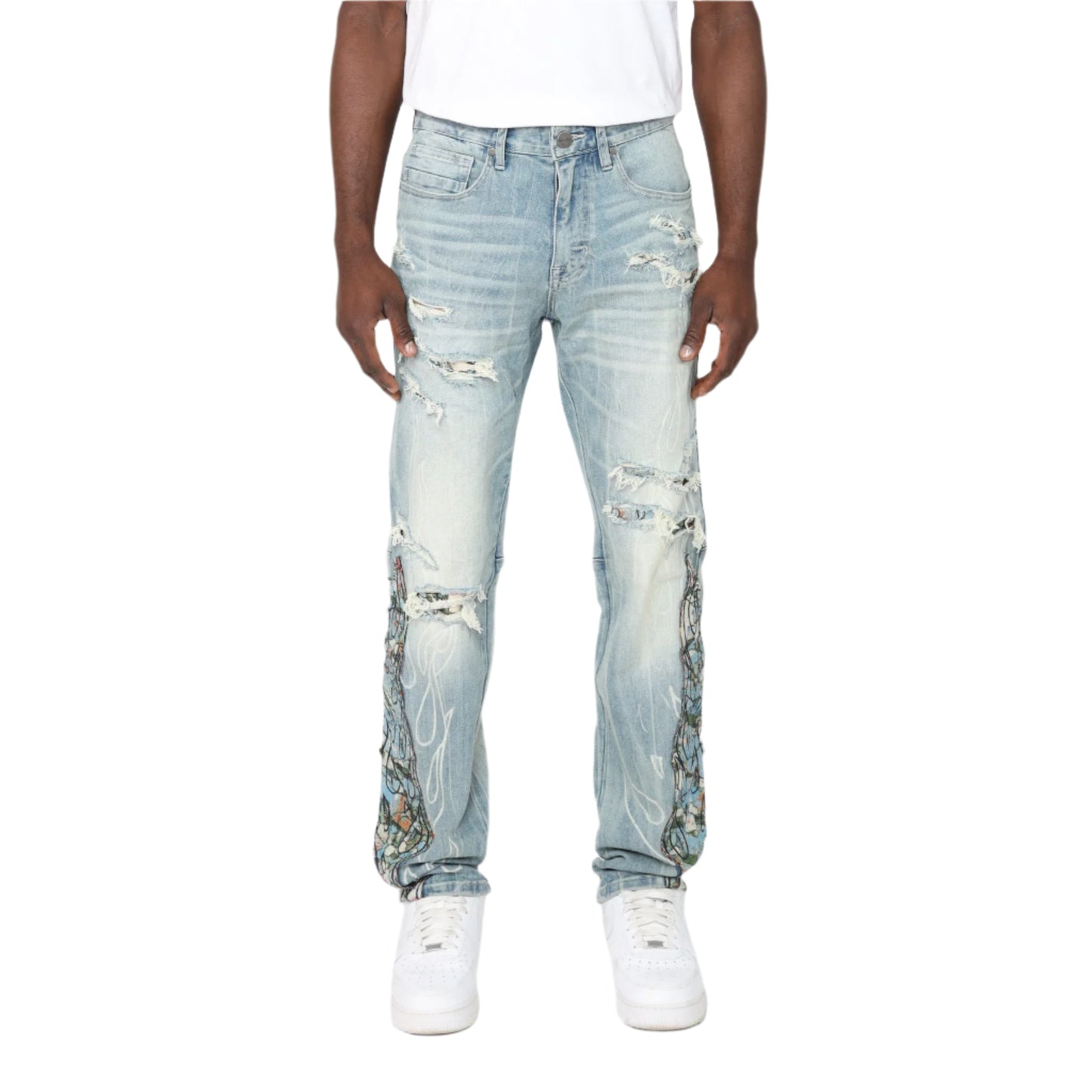 SMOKE RISE Long Slim Flame Tapestry Jeans