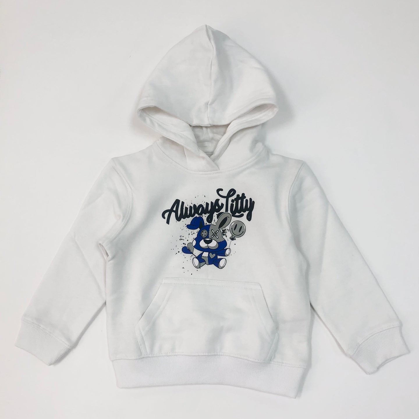 Premium Kid's Always Litty Graphic Pullover Hoodie - White/Royal Blue