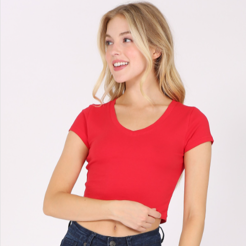 Women's Short Sleeve Stretch V-Neck Crop Top T-Shirt