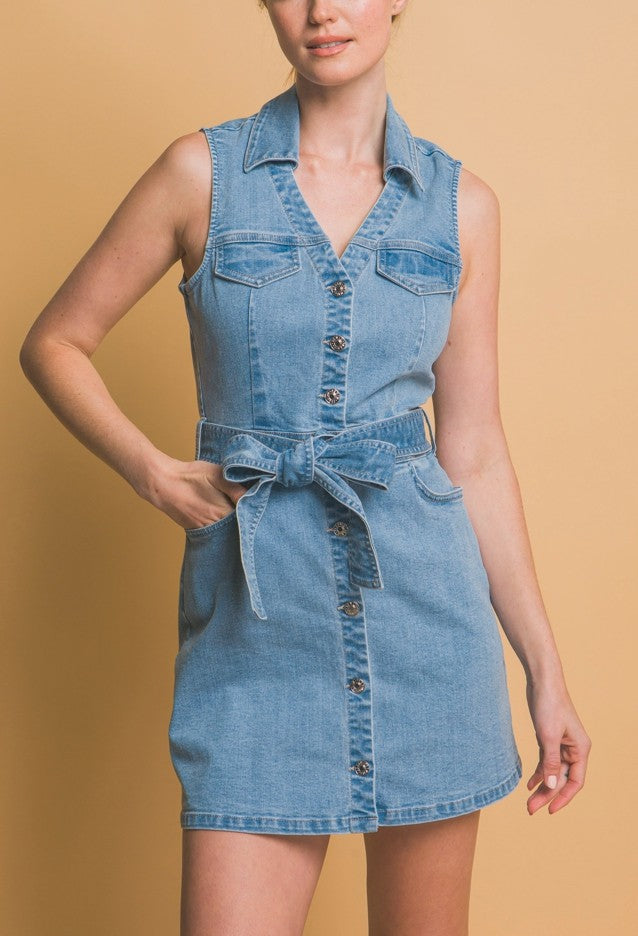 Sleeveless Belted Denim Dress LIGHT BLUE / L Sleeveless Belted Denim Dress LIGHT BLUE / L