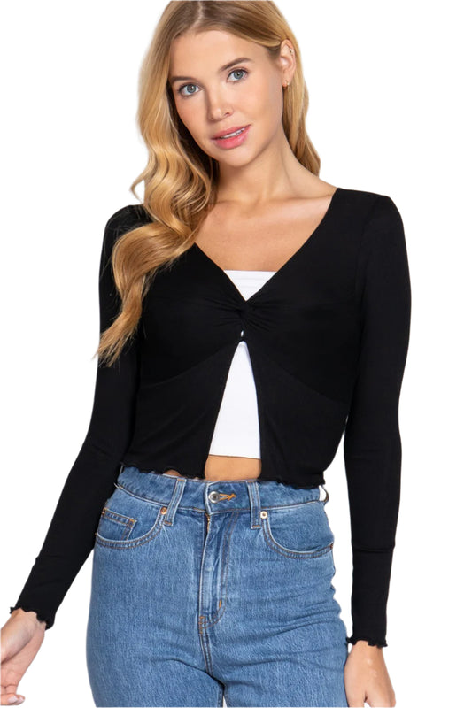 Long Sleeve V-neck Front Twisted Knit Top