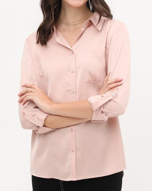 Blush Pink Long Sleeve Satin Shirt Blouse
