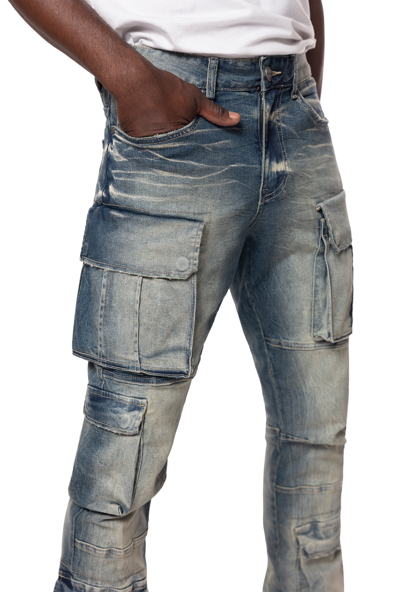 SMOKE RISE Stacked Utility Multi Pocket Cargo Jeans