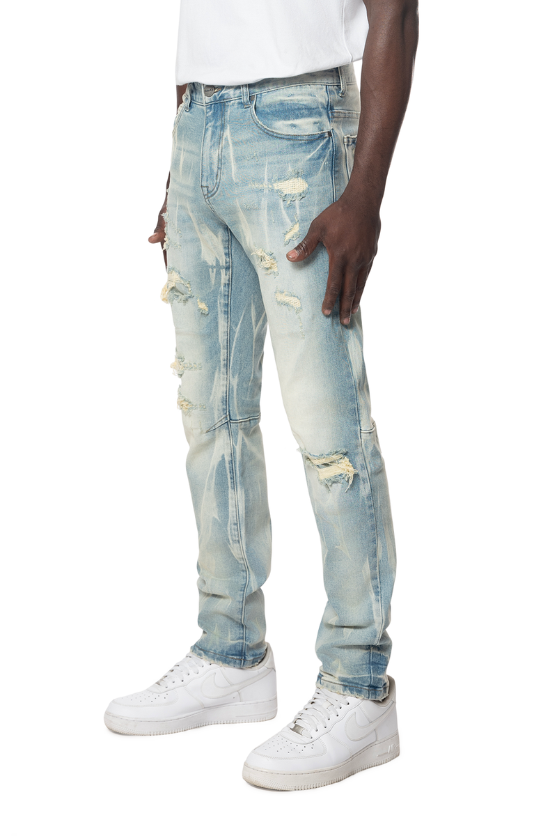 SMOKE RISE Slim Rip And Repair Vertical Lightning Effect Jeans