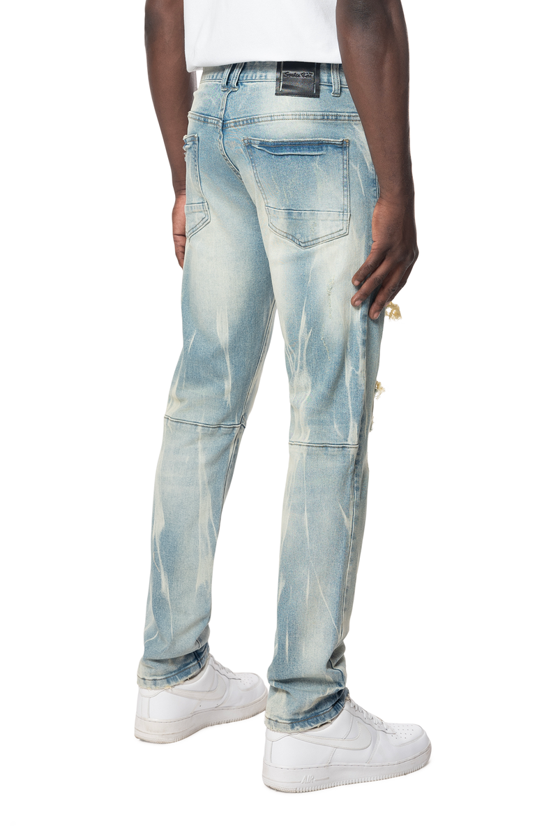 SMOKE RISE Slim Rip And Repair Vertical Lightning Effect Jeans