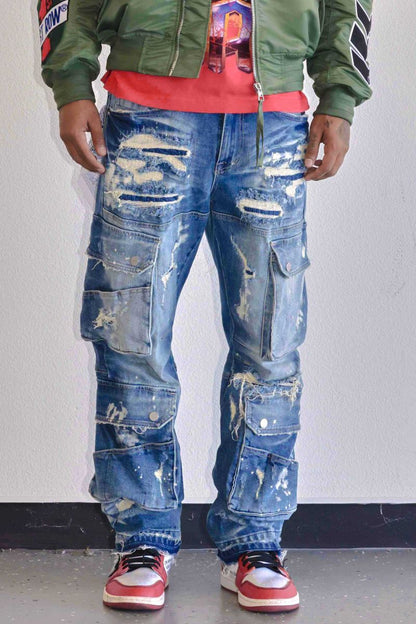 FIRST ROW Utility Cargo Repair Denim Pants