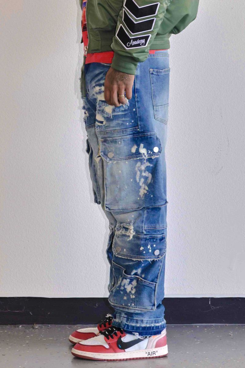 FIRST ROW Utility Cargo Repair Denim Pants