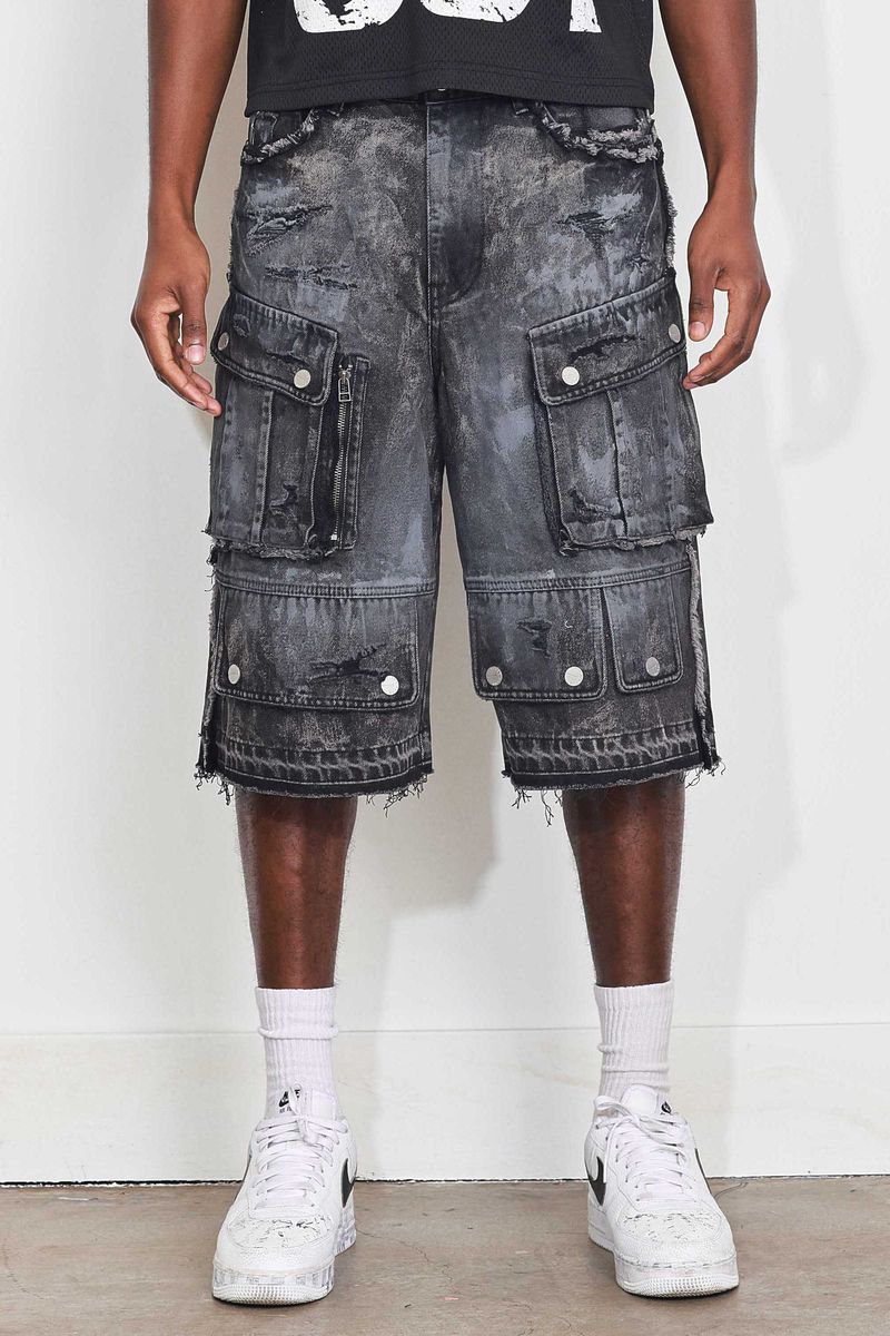 FIRST ROW Washed Multi Cargo Denim Jorts