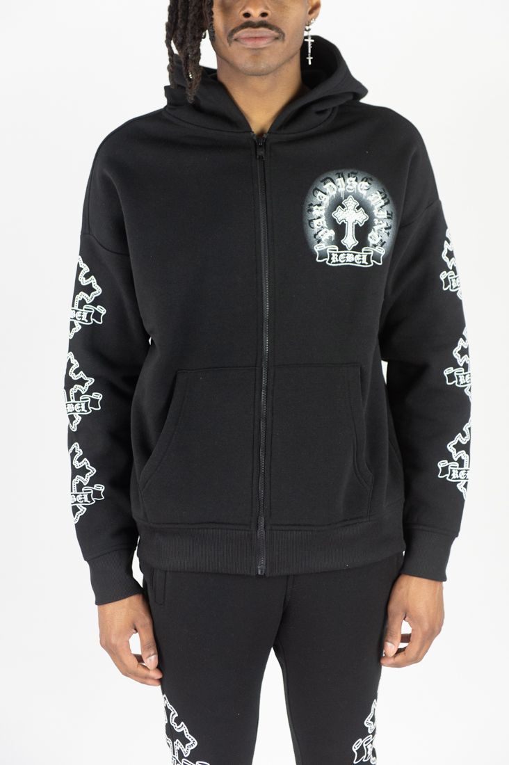 REBEL MINDS Cross FZ Rhinestone Zip-up Hoodie