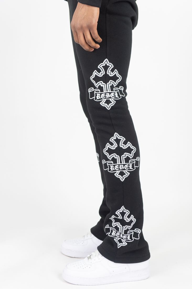REBEL MINDS Cross FZ Rhinestone Stacked Sweatpants