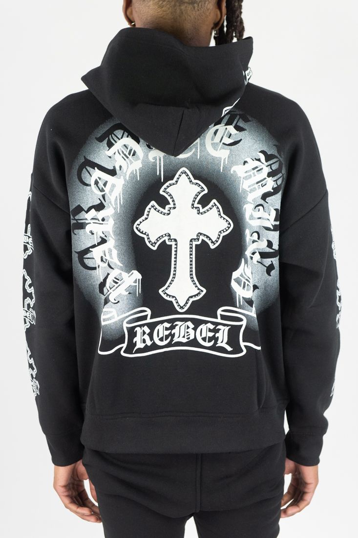 REBEL MINDS Cross FZ Rhinestone Zip-up Hoodie