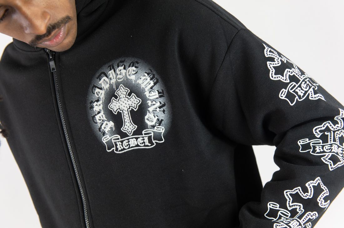 REBEL MINDS Cross FZ Rhinestone Zip-up Hoodie