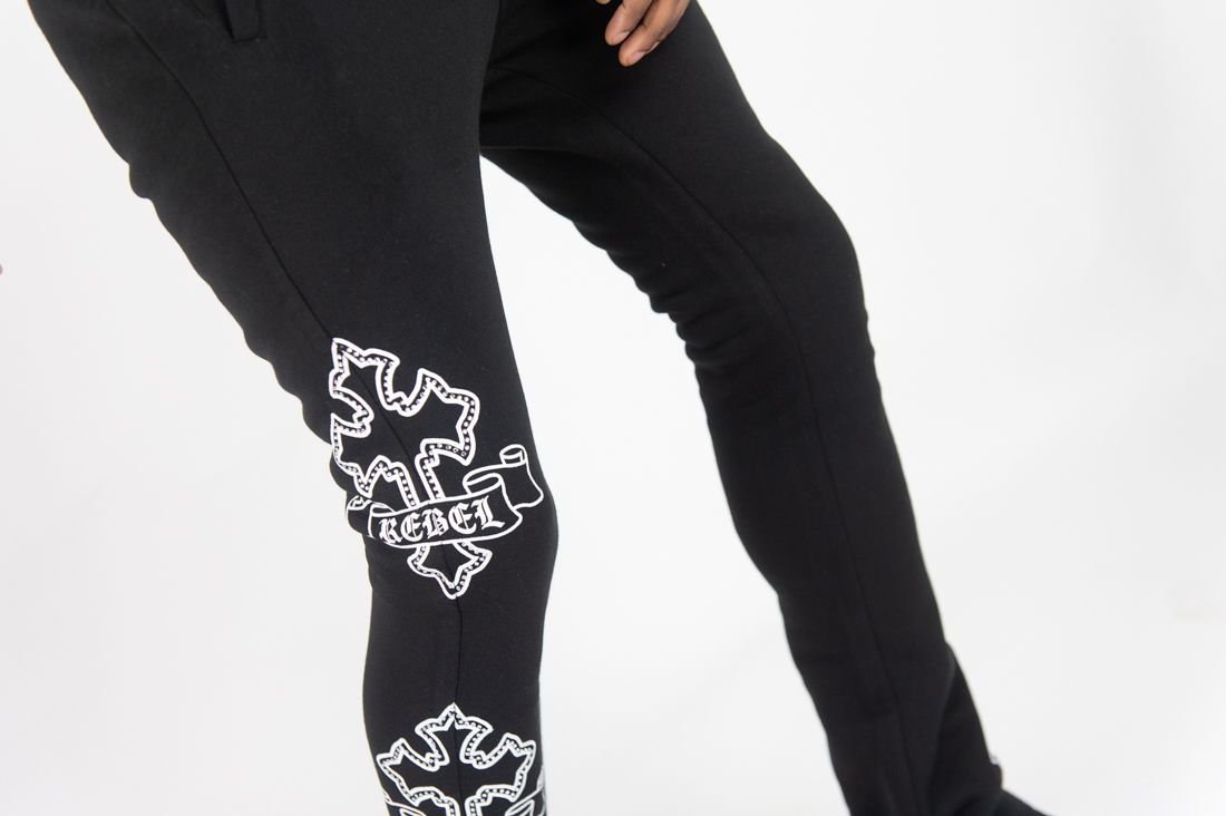 REBEL MINDS Cross FZ Rhinestone Stacked Sweatpants