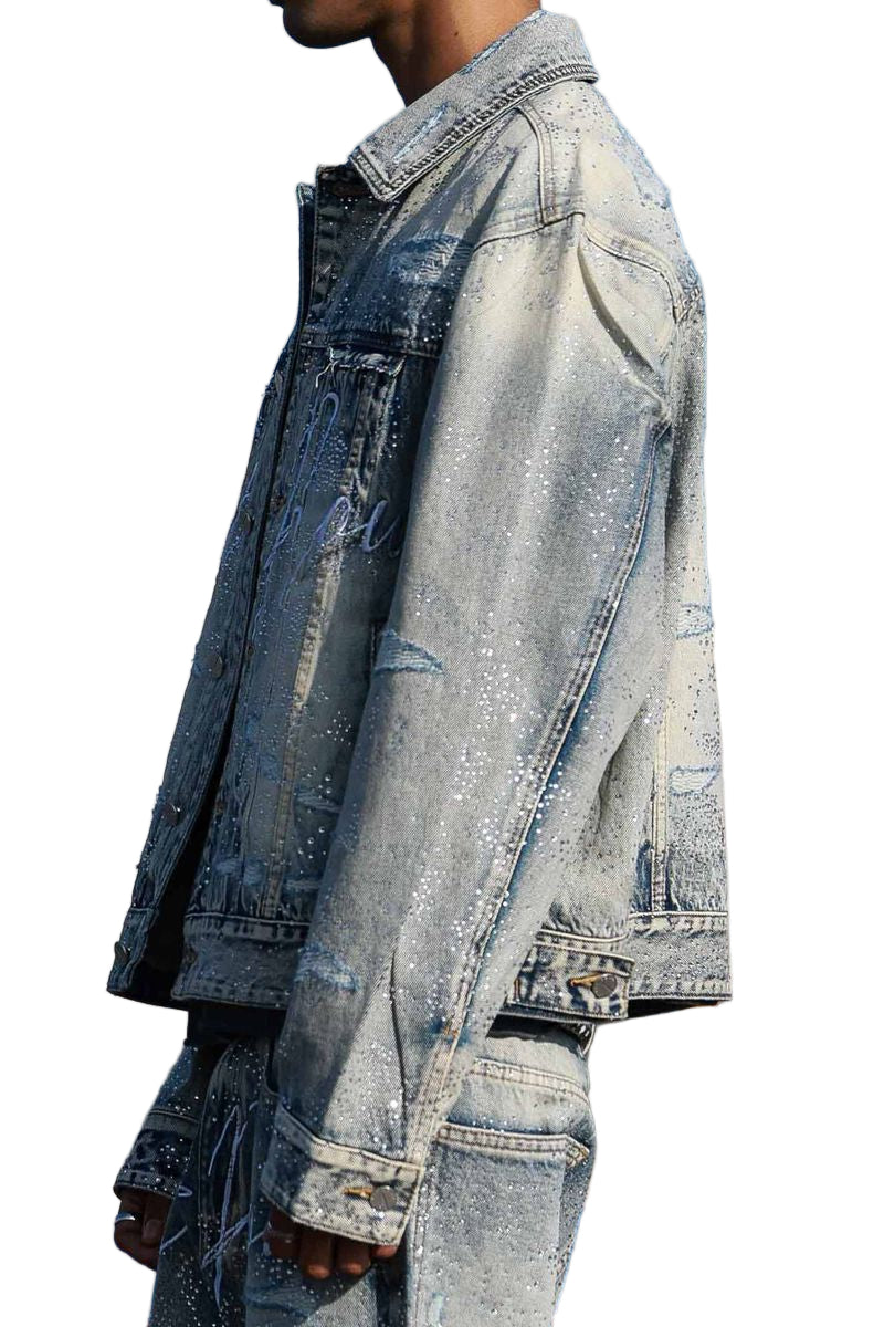 FIRST ROW Allover Rhine Stone Denim Trucker Jacket