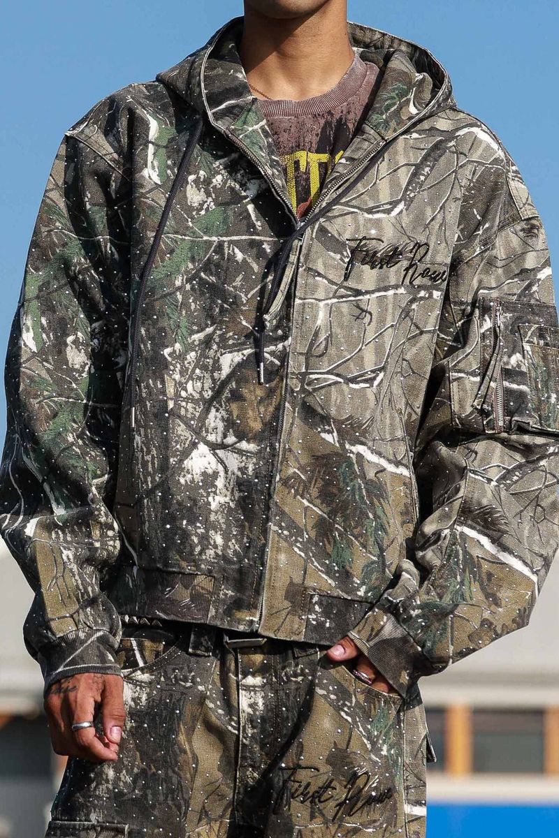 FIRST ROW Allover Stud Cropped Hood Jacket