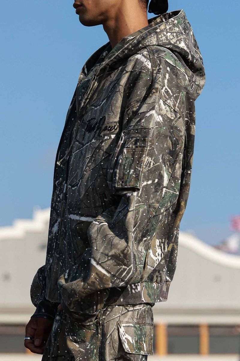 FIRST ROW Allover Stud Cropped Hood Jacket