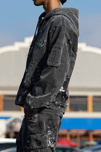 FIRST ROW Stud Cropped Hood Jacket