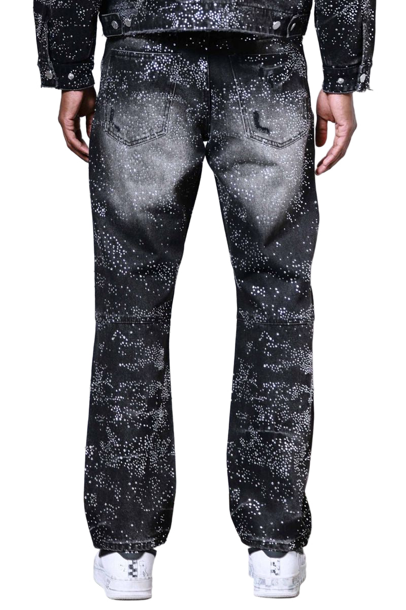 FIRST ROW Allover Rhine Stone Black Ripped Pants