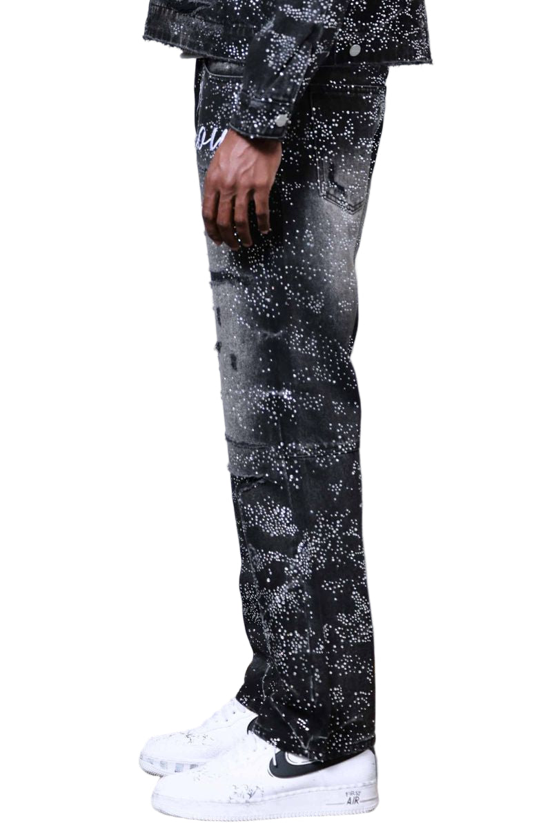 FIRST ROW Allover Rhine Stone Black Ripped Pants