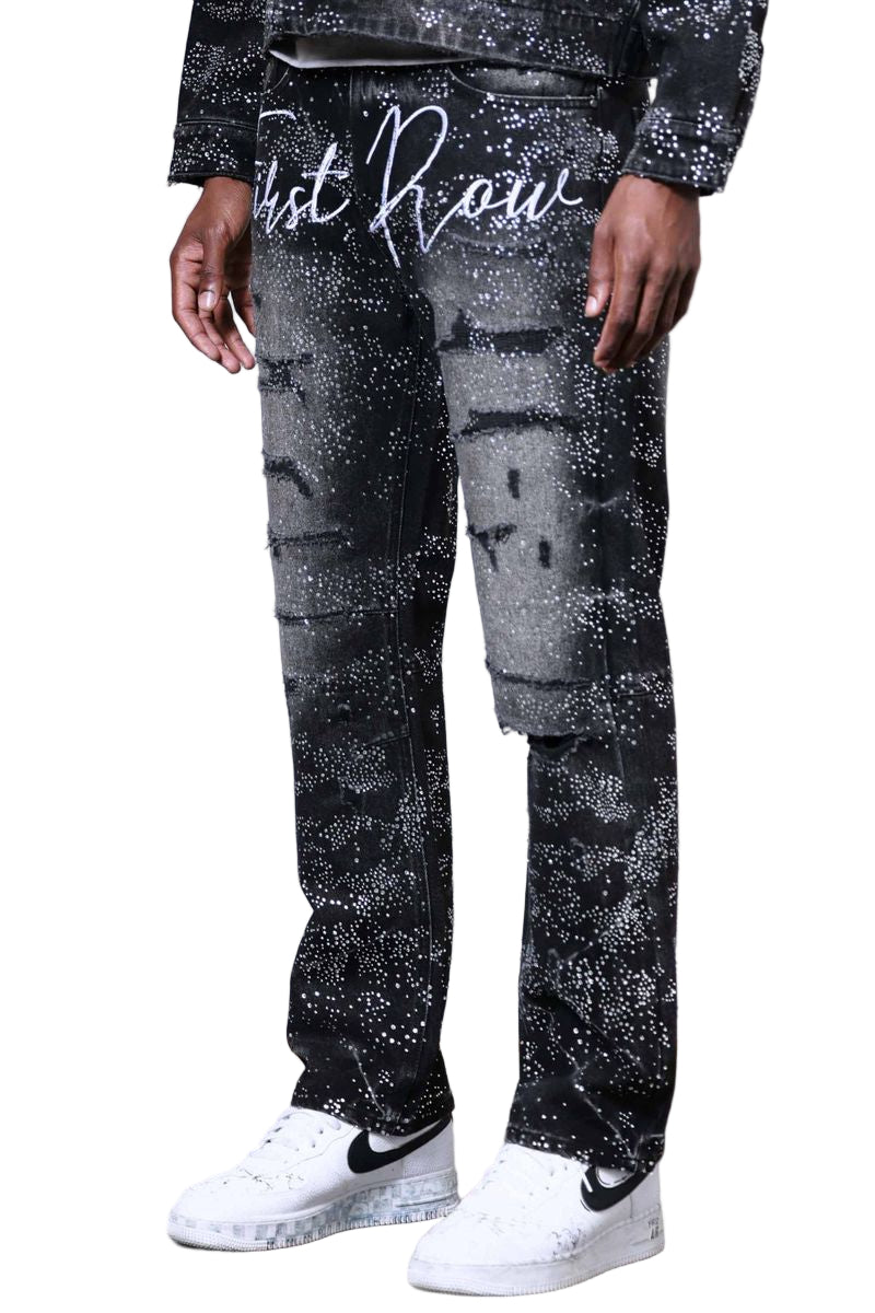 FIRST ROW Allover Rhine Stone Black Ripped Pants