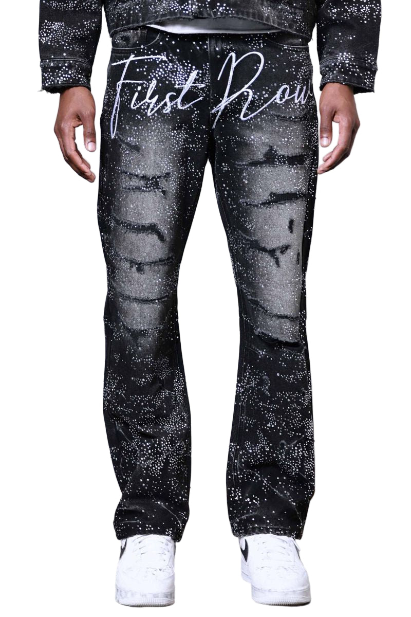 FIRST ROW Allover Rhine Stone Black Ripped Pants