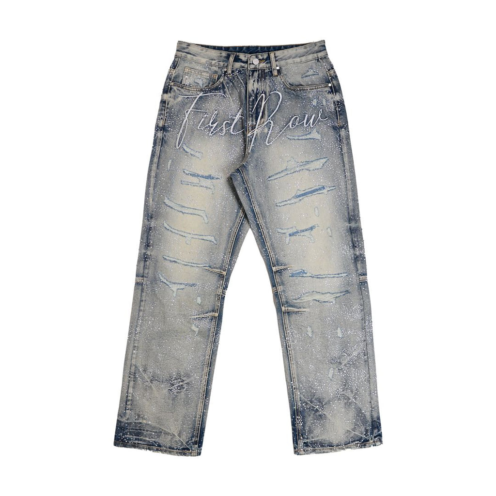 FIRST ROW Allover Rhine Stone Denim Ripped Pants