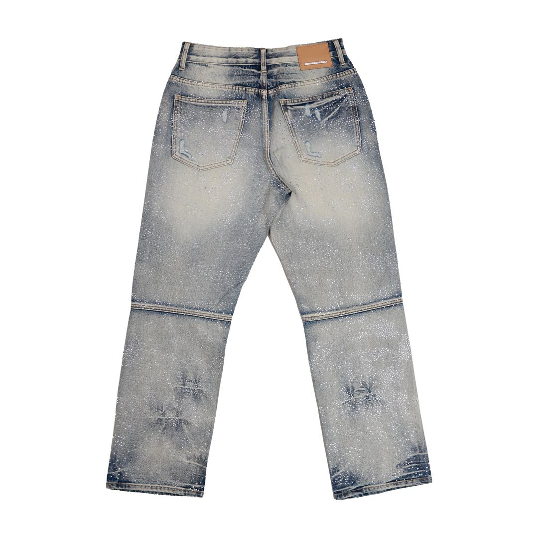 FIRST ROW Allover Rhine Stone Denim Ripped Pants