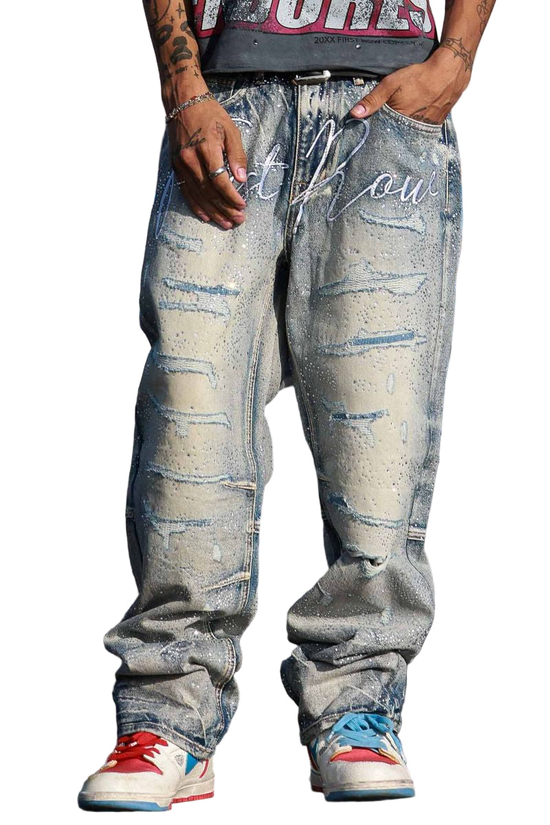 FIRST ROW Allover Rhine Stone Denim Ripped Pants