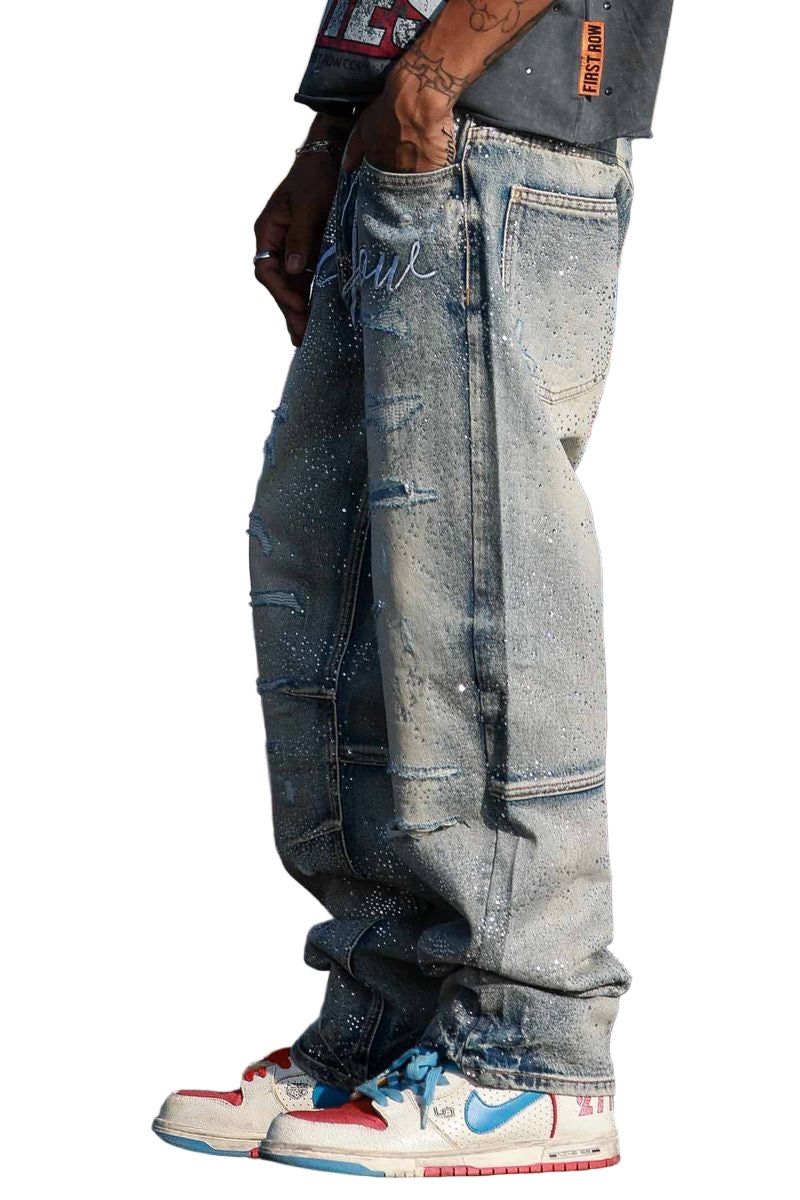 FIRST ROW Allover Rhine Stone Denim Ripped Pants