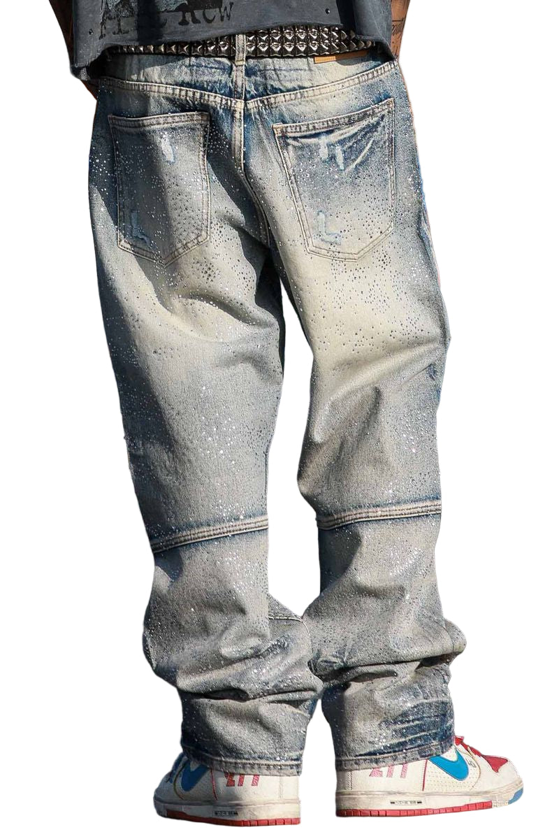 FIRST ROW Allover Rhine Stone Denim Ripped Pants