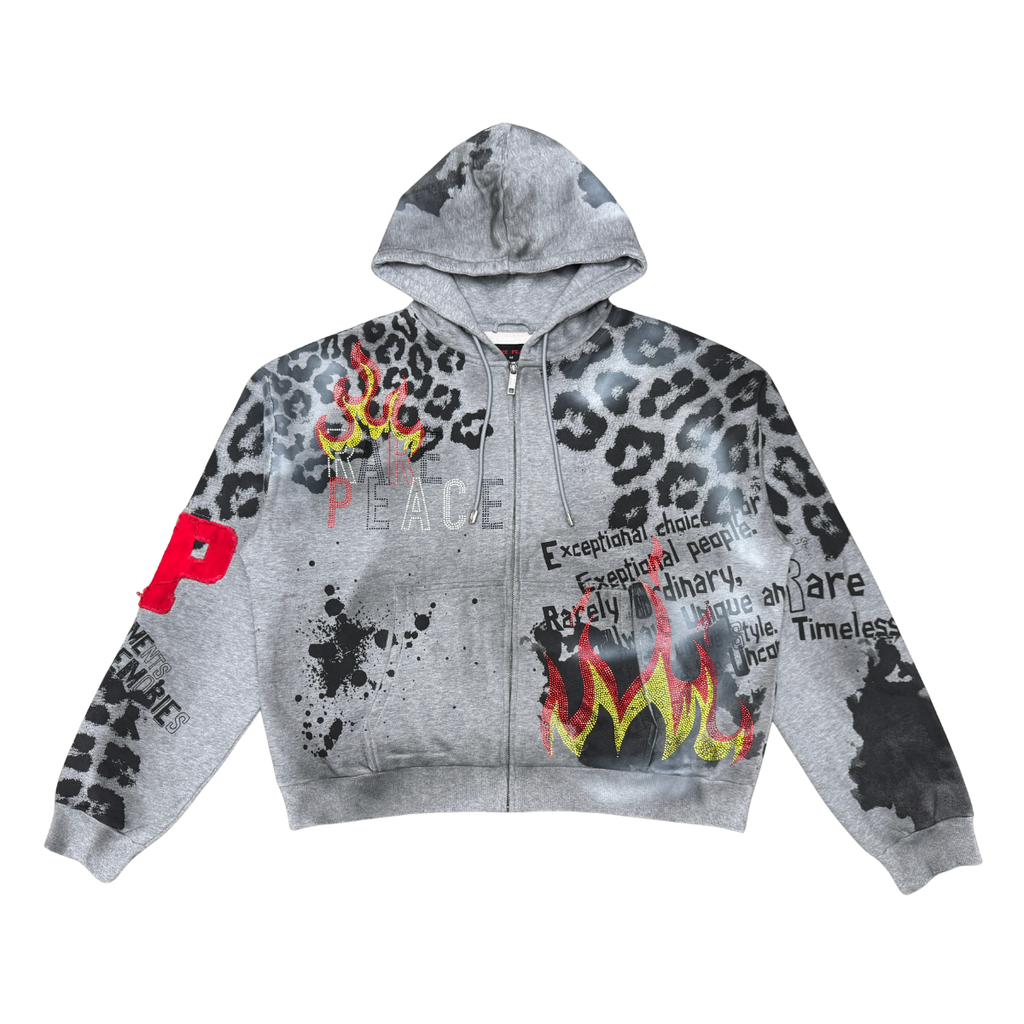 RARE PEACE ALL OVER PRINT ZIP UP HOODIE W/ RHINESTONE DETAIL