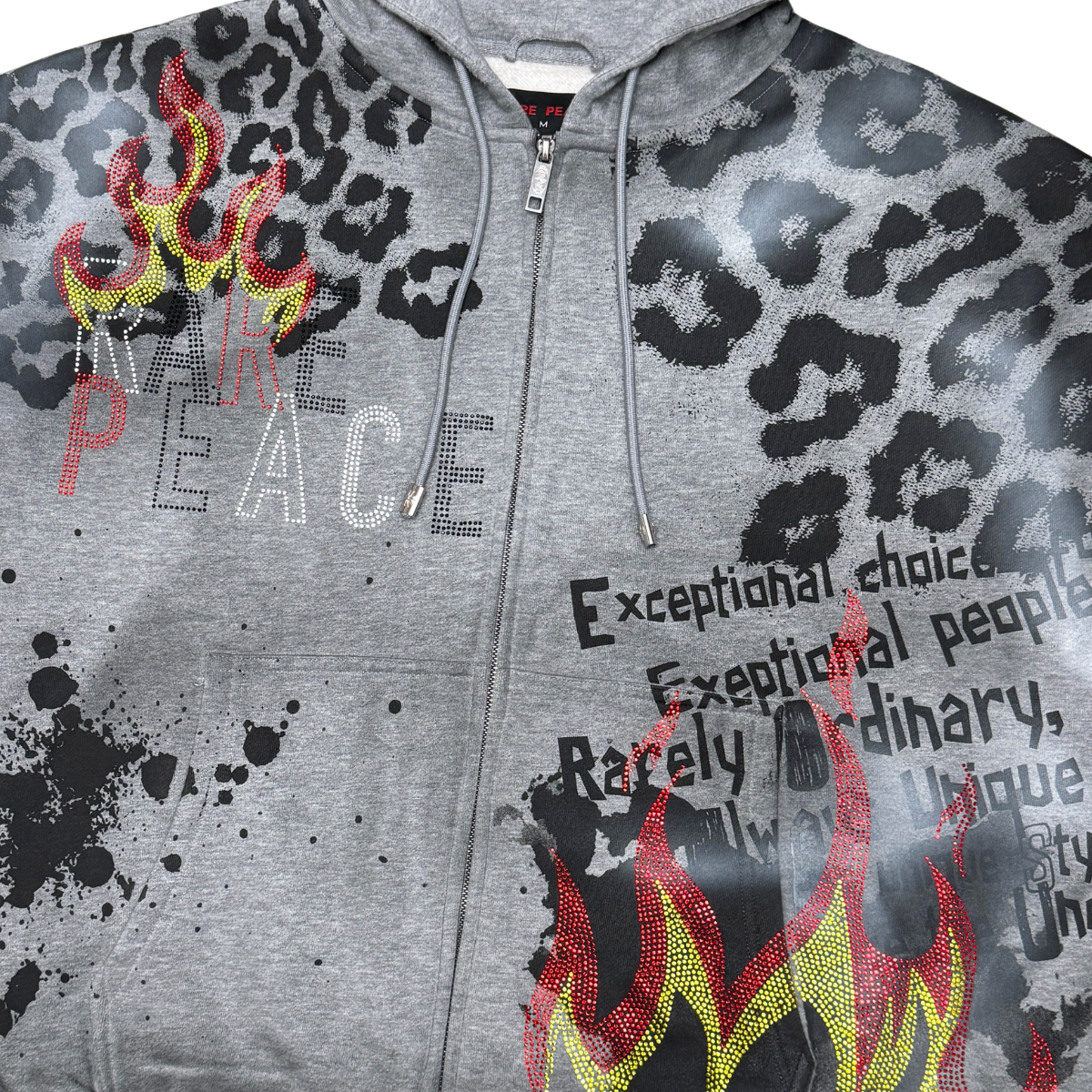RARE PEACE ALL OVER PRINT ZIP UP HOODIE W/ RHINESTONE DETAIL