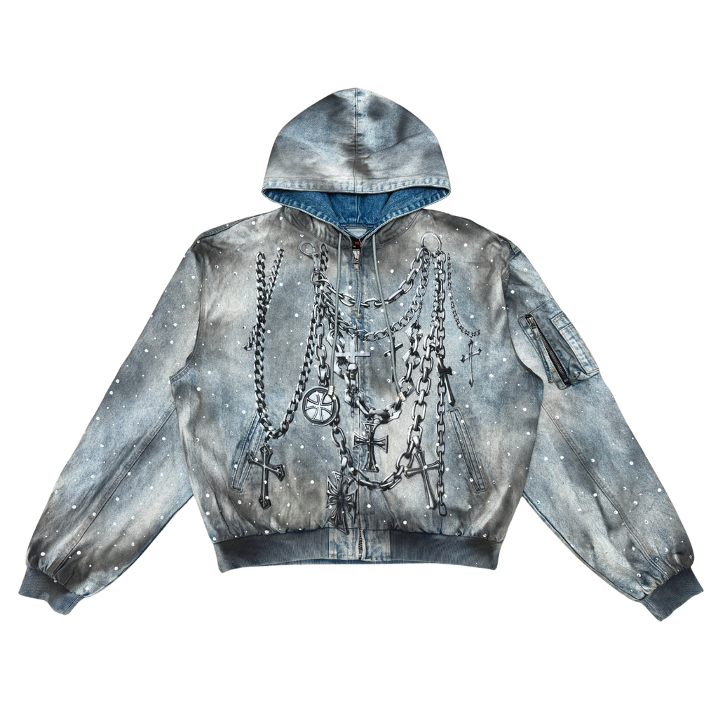 RARE PEACE WASHED DENIM BOMBER JACKET W/ RHINESTONE DETAIL