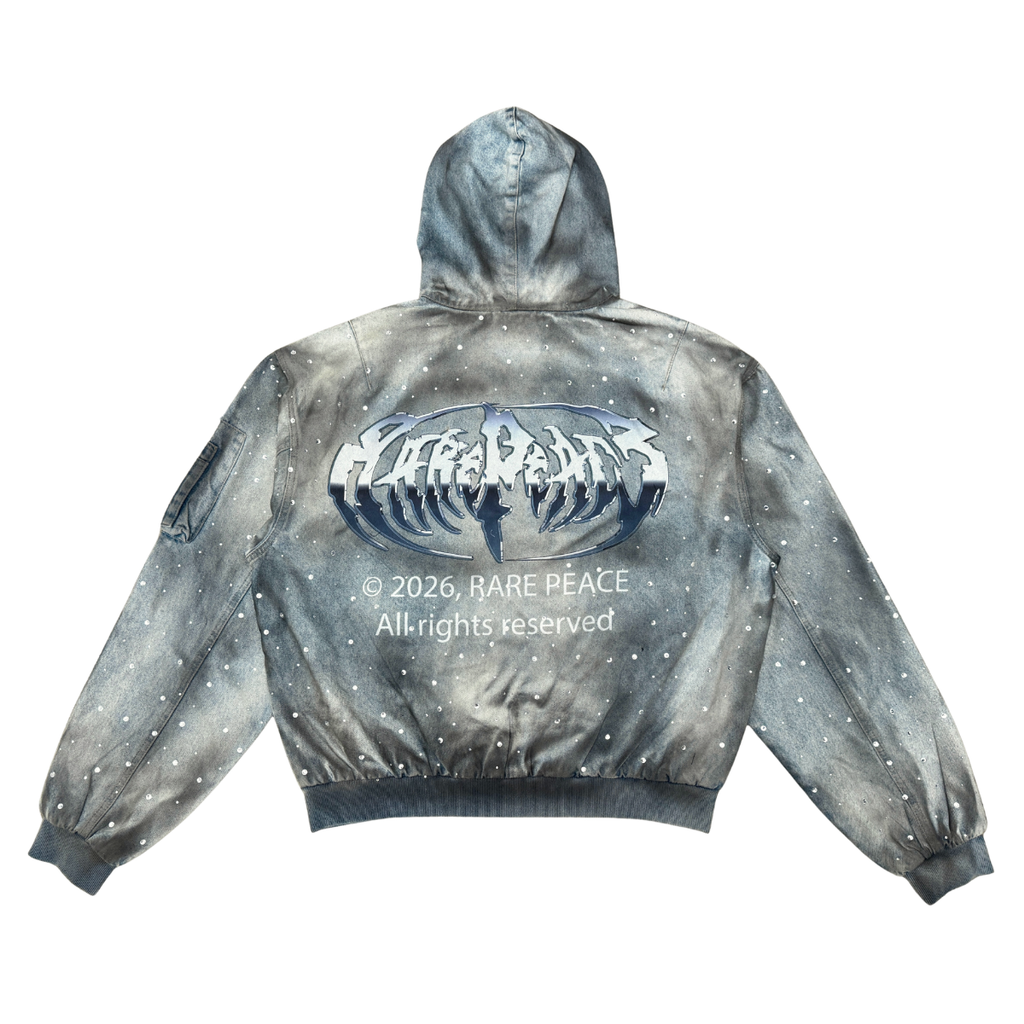 RARE PEACE WASHED DENIM BOMBER JACKET W/ RHINESTONE DETAIL